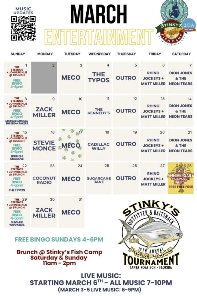 Stinky's March Events, Music, Anniversary & Pompano Tournament Kickoff Party